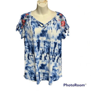 New York Laundry blue/white tye dye top size Large tied sleeves